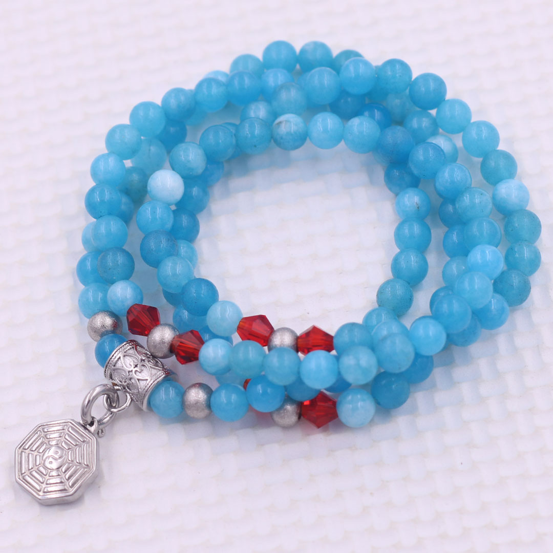 Vòng chuỗi 108 hạt đá ngọc tủy xanh biển 6 ly charm bát quái inox - vòng chuỗi niệm Phật, vòng tay chuỗi hạt