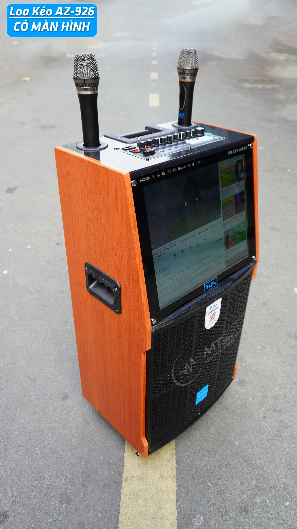 Loa kéo thông minh AZPro AZ-926 - Loa kéo di động 3 tấc, 3 đường tiếng, màn hình cảm ứng 17 inch - Sử dụng Android - Kết nối Wifi, Bluetooth, HDMI, USB, AUX, TF card - Chức năng livestream, hiệu ứng khán giả - Kèm 2 micro không dây UHF - Hàng chính hãng