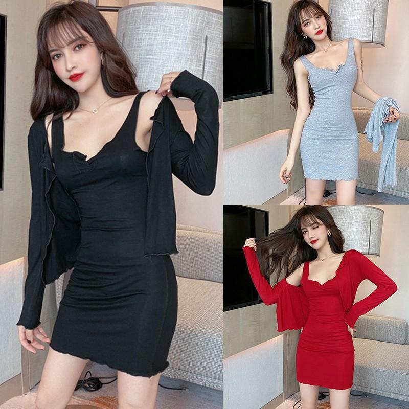 Đầm dài không tay + áo khoác Cardigan phong cách Hàn Quốc