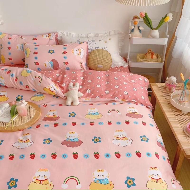 Bộ Chăn Ga Gối Cotton Living 100%côtton Hàng Nhập Khẩu Cao Cấp 4 Món Thỏ Hồng