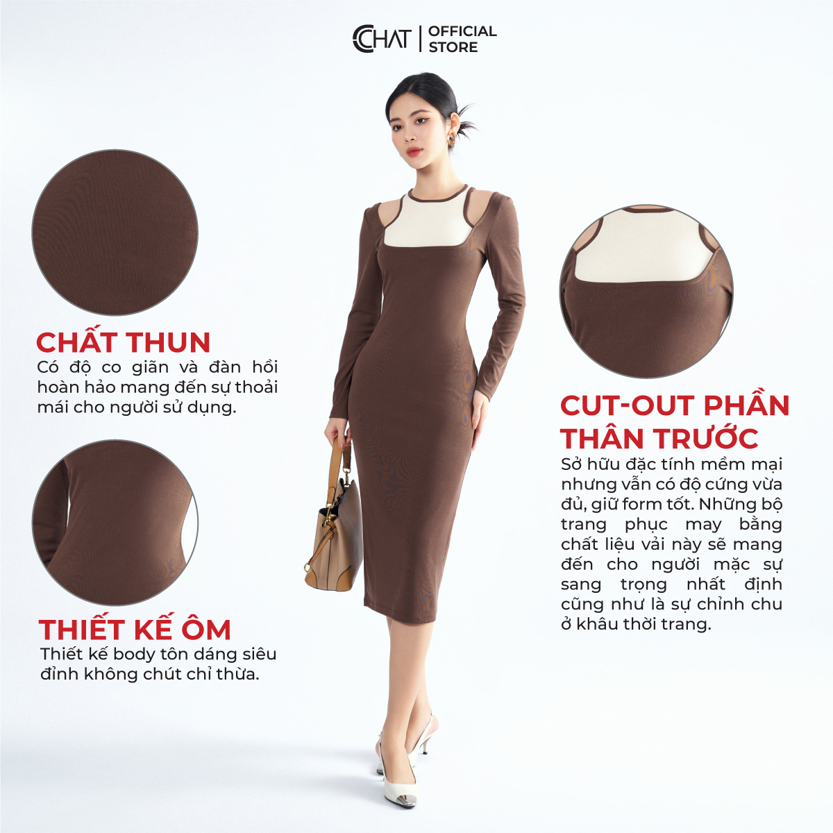 Đầm Nữ  Dáng Ôm Phối Cutout Kiểu Chất Thun Co Giãn Mềm Mịn 22VDC8025OT