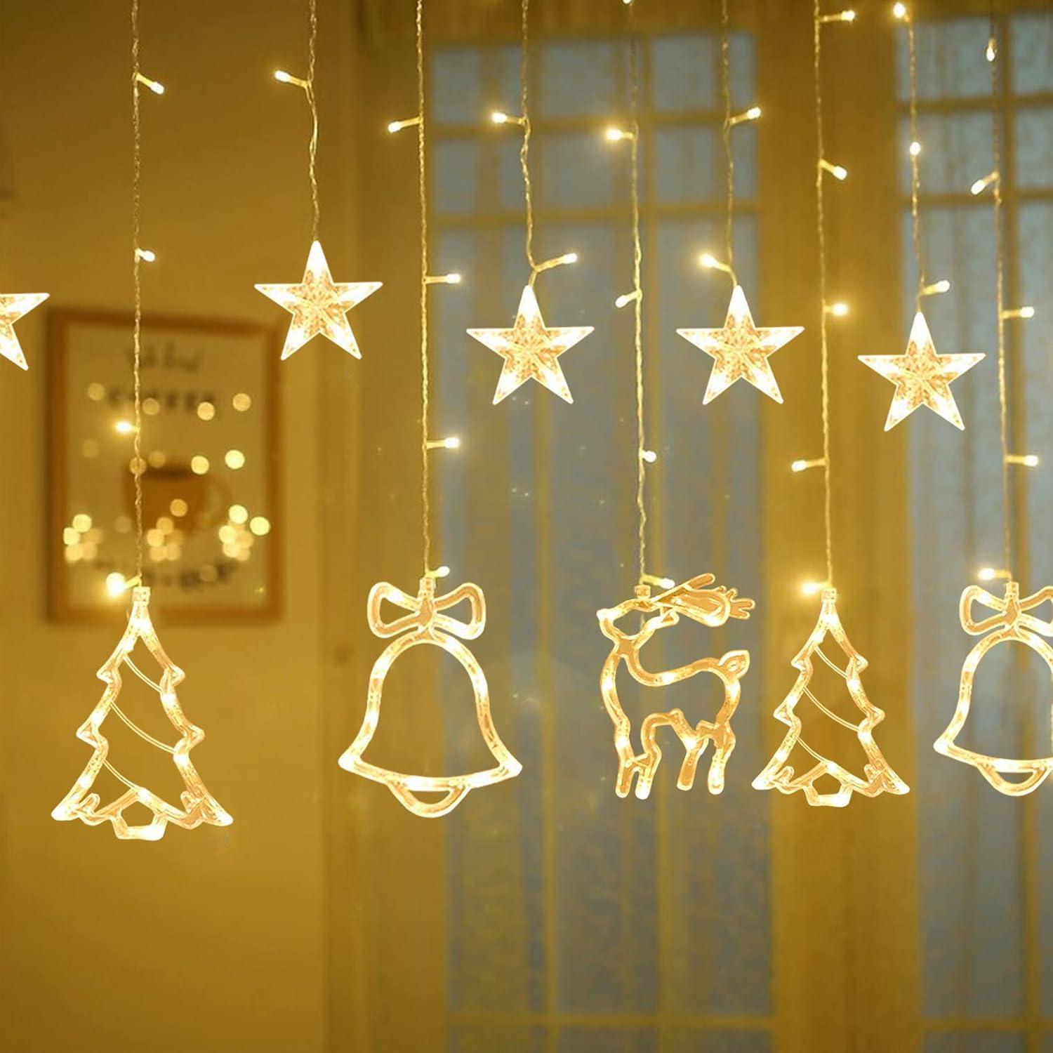 Vòng hoa ánh sáng Giáng sinh, Màn ánh sáng, Đèn màn LED, Màn ánh sáng Giáng sinh, Trang trí Giáng sinh, Vòng hoa ánh sao, 8 chế độ ánh sáng với 5 móc