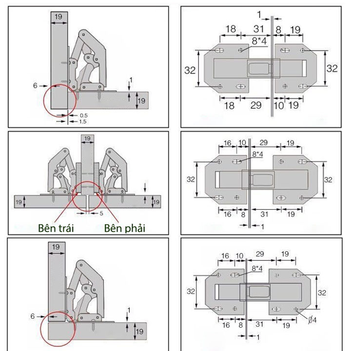 Bộ 02 Bản lề cửa tủ thể hệ mới không cần khoan cốc, loại 3-4 inch tùy chọn