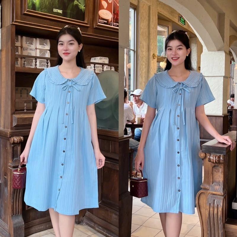 Đầm Bầu Đũi Gân Phom Suông Cổ Sen Bèo Phối Nút Váy Bầu Dễ Thương, Nhẹ Mát Size M L - Kem