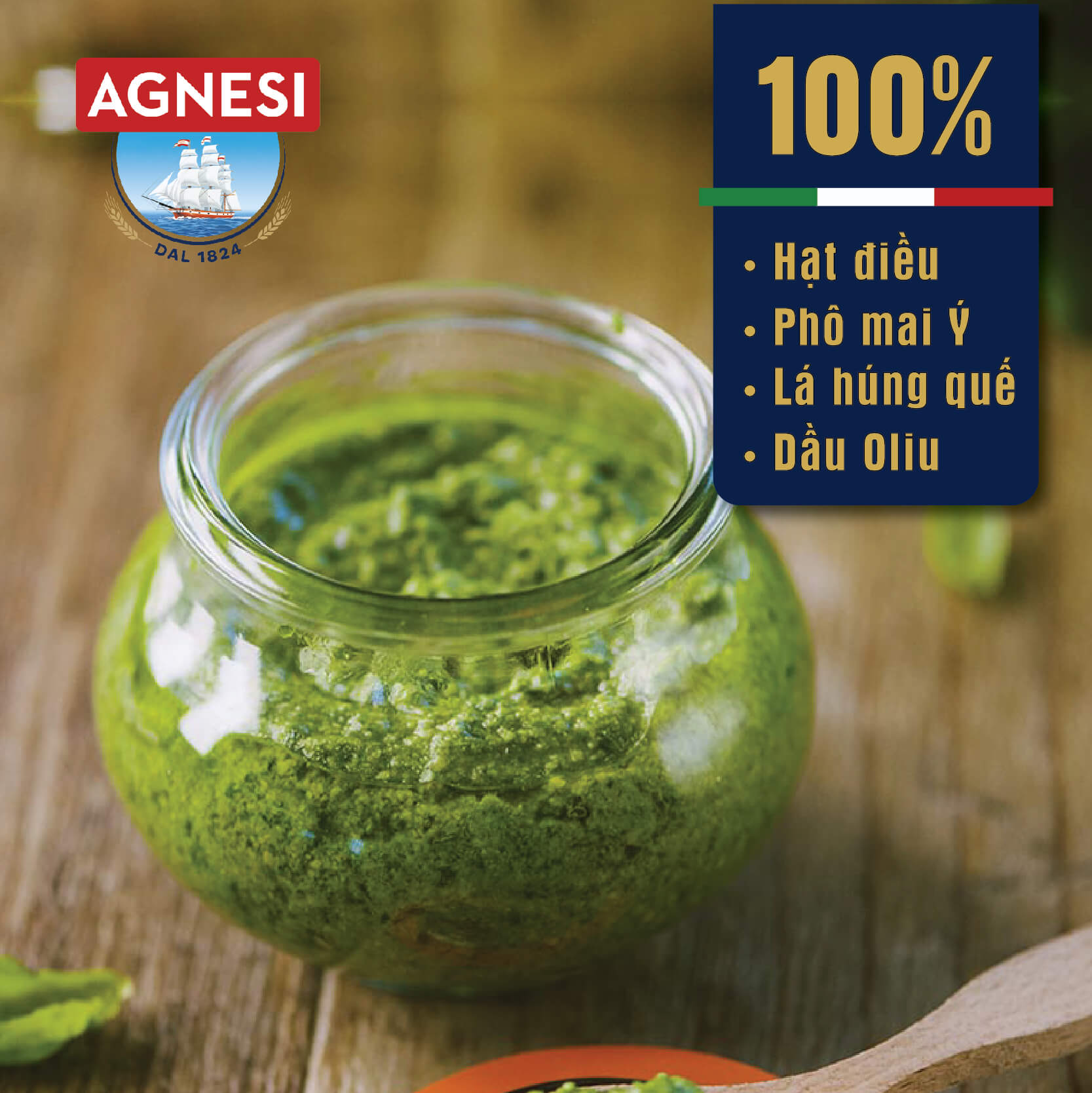 Sốt Pesto Alla Genovese Agnesi 185g truyền thống của Ý chứa dầu Oliu và hạt điều, phô mai, nhập khẩu Ý