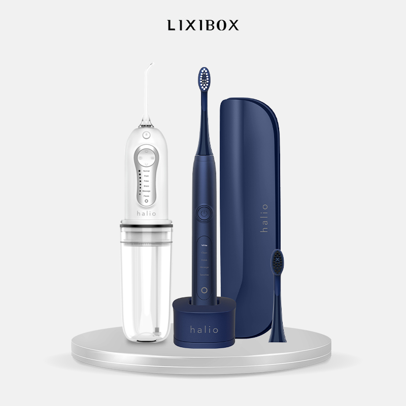 Combo Bàn chải điện Halio Sonic Whitening Toothbrush Midnight Blue và Máy tăm nước cầm tay Halio Professional Cordless Oral Irrigator