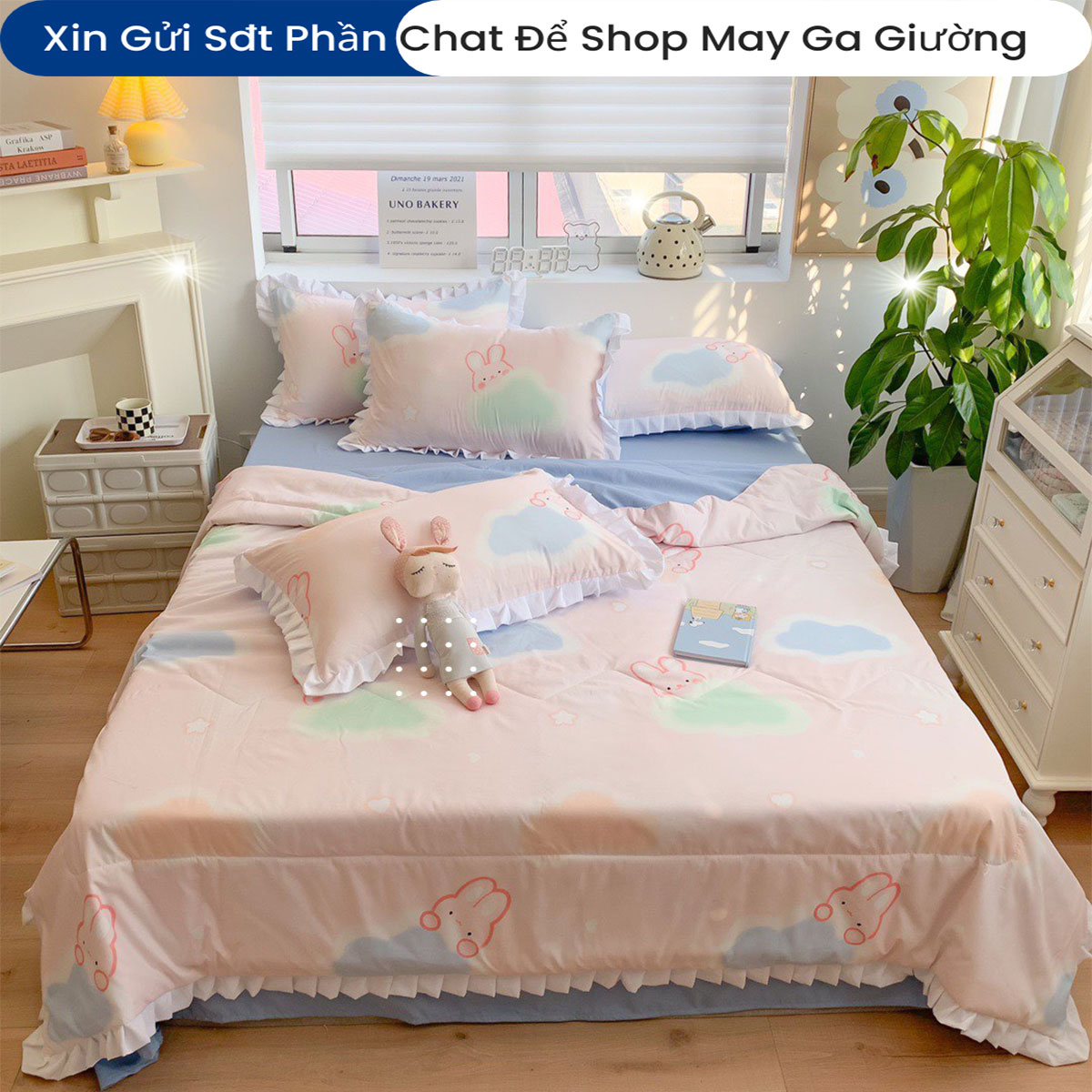 Bộ Chăn Ga Gối Đệm 5 Món Chăn Hè Cotton Tici ANNA NGUYÊN Drap Giường Cotton Cao Cấp Chăn Chần Bông