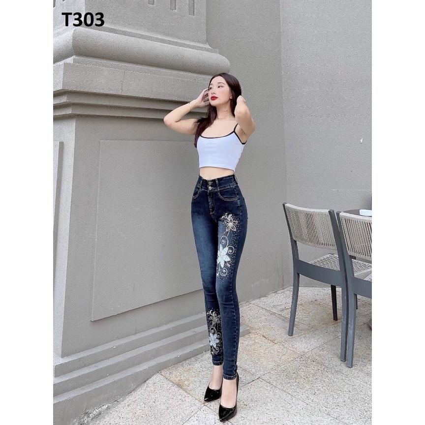 Quần Jeans Nữ lưng Cao Thêu Hoa Co Giãn Cao Cấp