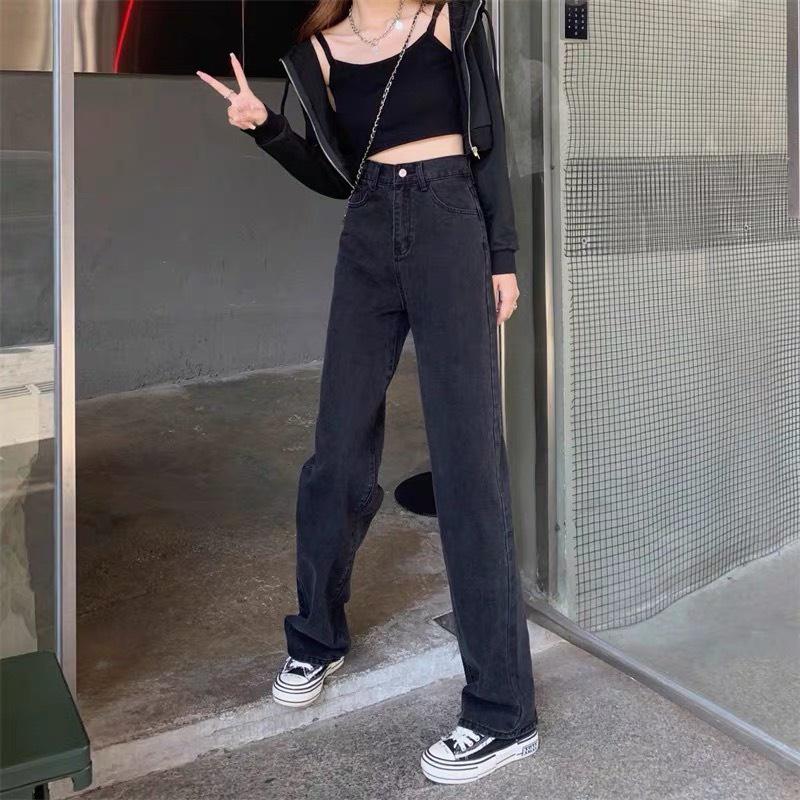 Quần Jean Ống Rộng Lưng Cao Trơn ThunderUnisex Quần Bò Ống Suông Nữ Phong Cách Ulzzang Hàn Quốc
