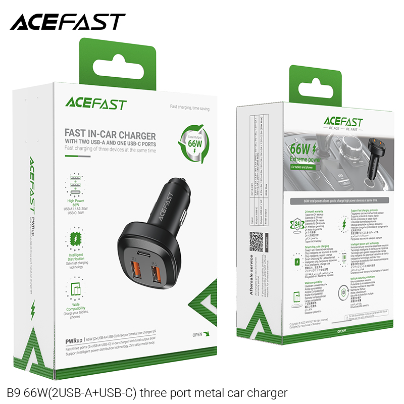 Sạc ô tô Acefast 66W 3 cổng 2xUSB-A + USB-C - B9 Hàng chính hãng Acefast