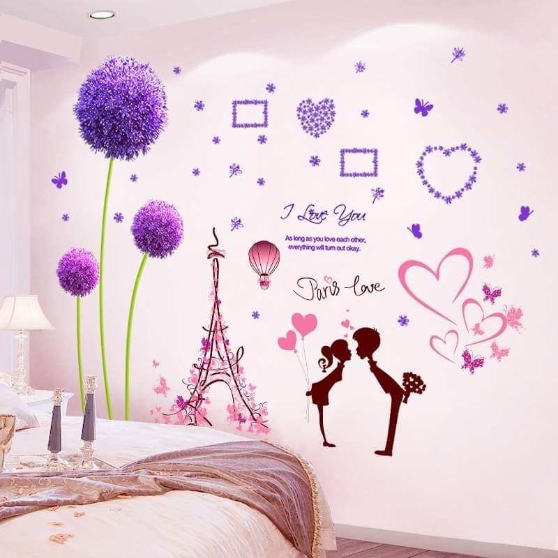 DECAL DÁN TƯỜNG TÚ CẦU TÍM VÀ CẶP ĐÔI PARIS LOVE - HP893