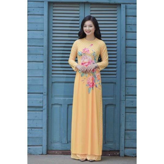 SET ÁO DÀI LỤA HỌA TIẾT HOA CHẤM BI