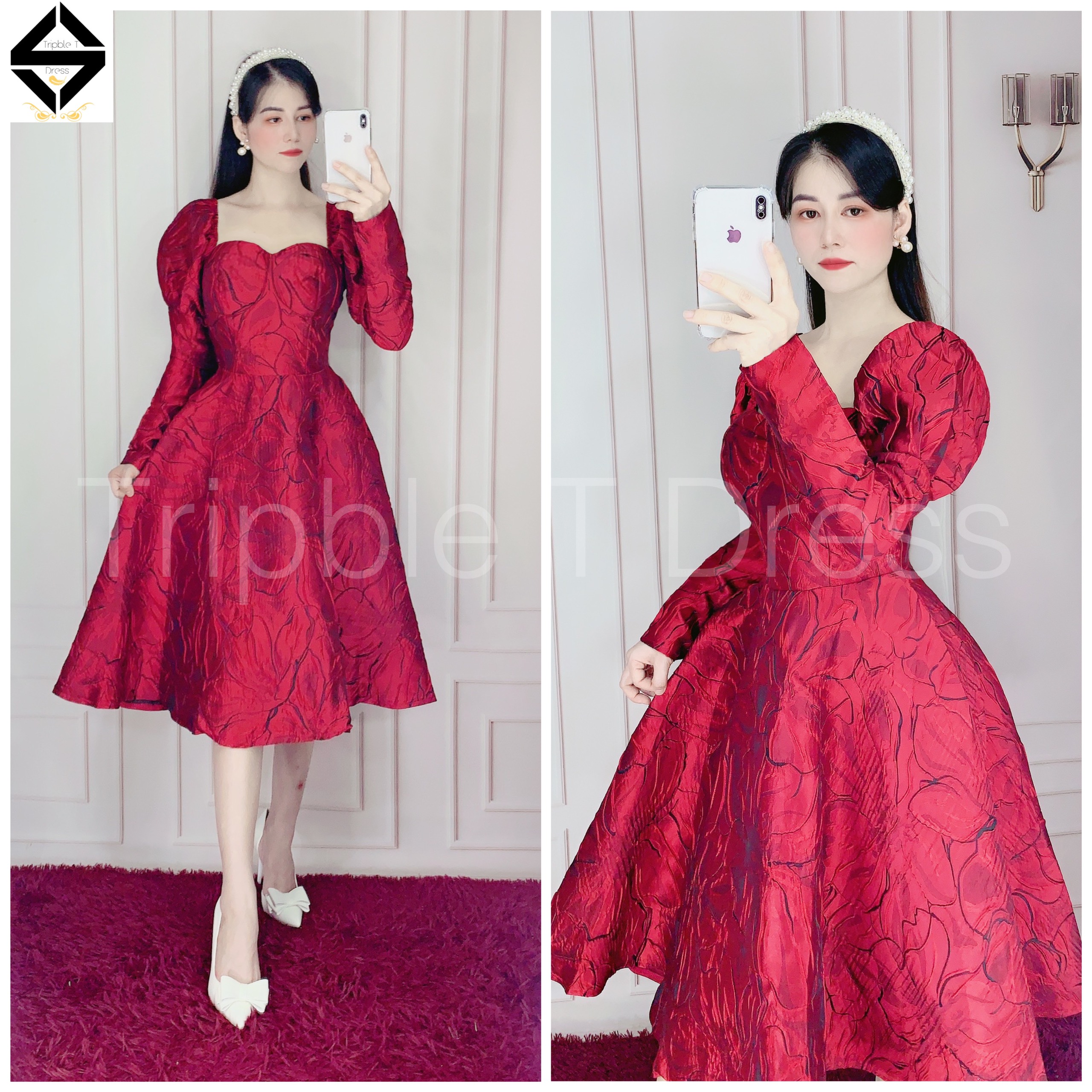 Đầm xoè dự tiệc gấm tay dài phồng TRIPBLE T DRESS - size M/L - MS204