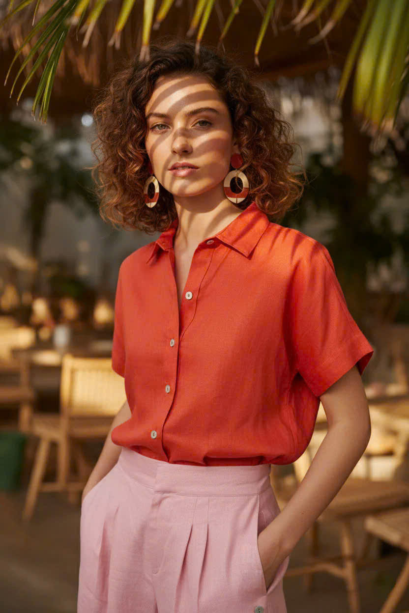 Quần Ống Rộng Xẻ Linen Anh Đào, Quần Culottes Ống Rộng Xẻ Đính Nút Linen Hồng Pan068