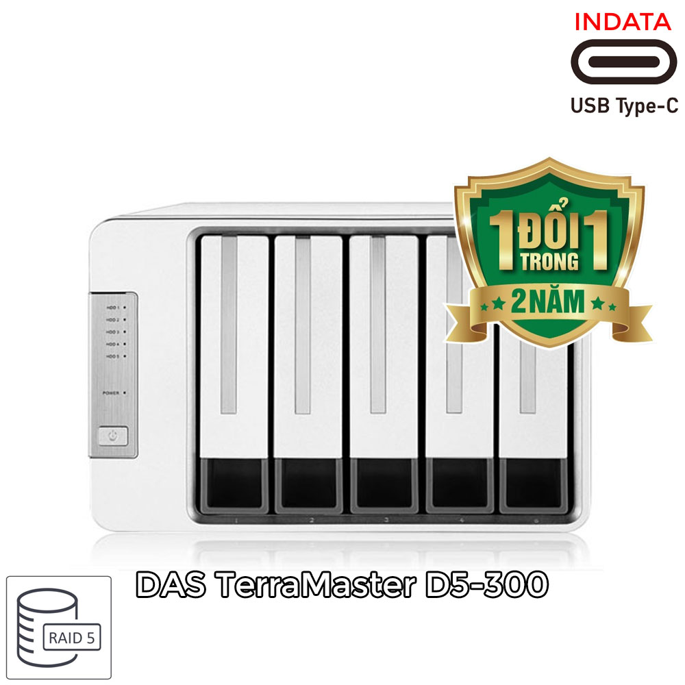 Bộ lưu trữ dữ liệu DAS TerraMaster D5-300, USB-C 3.0 SuperSpeed, 210MB/s, 5 khay ổ cứng RAID 0,1,5,10,CLONE,JBOD,Single - Hàng chính hãng