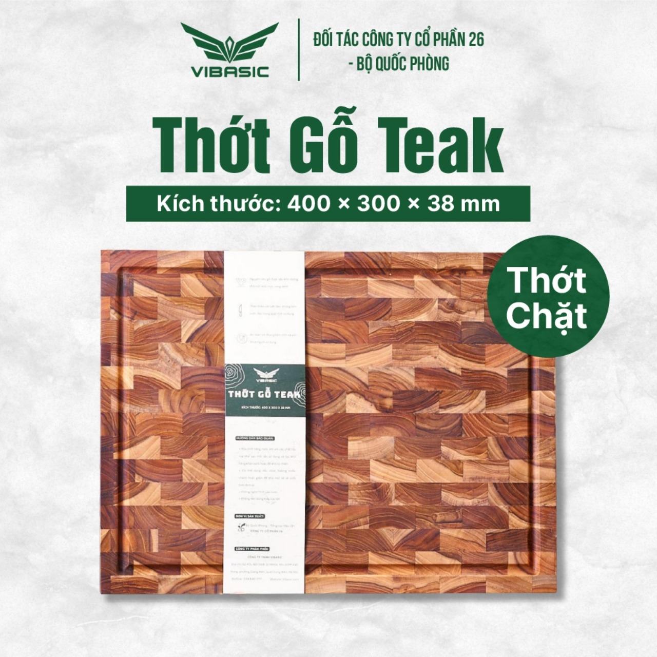 Thớt gỗ Teak Vibasic ghép dựng block kích thước 400x300x38mm, dùng để chặt - Hàng chính hãng Bộ Quốc Phòng