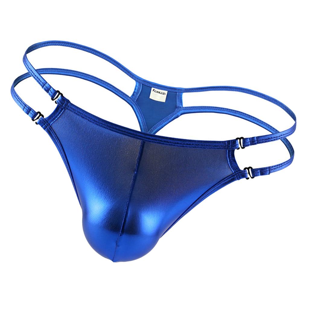 Men's Adjustable Wet Look Briefs Thong Underwear Tangas G-String T-back Blue