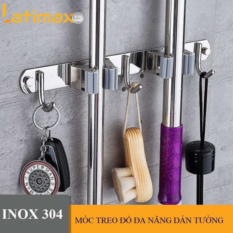 Móc Treo Đồ Dán Tường Đa Năng Loại 3 Móc kèm 2 Kẹp Chổi Lau Nhà Chất liệu Inox 304 Cao Cấp - Tặng keo dán tường Chuyên dụng