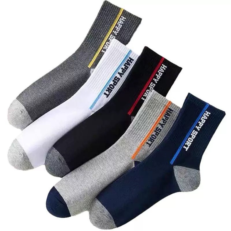 Set 5 đôi tất nam nữ cổ cao Happy Sport, họa tiết vân nổi, chất liệu cotton bền màu hút ẩm