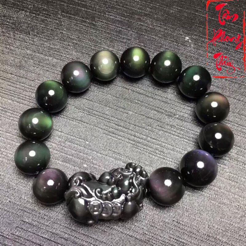 Vòng Tay Đá Núi Lửa Obsidian Cao Cấp Mix Charm Thiên Lộc Tỳ Hưu 12mm