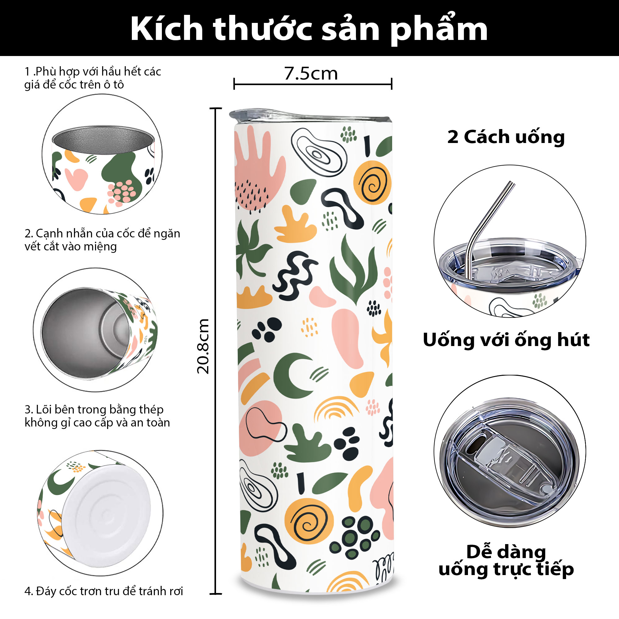 Bình Giữ Nhiệt In Họa Tiết Lá Cây Trừu Tượng - Cốc Giữ Nhiệt In Họa Tiết Lá Cây Trừu Tượng - Bình Nước Giữ Nhiệt In Họa Tiết Lá Cây Trừu Tượng 2 Lớp Thép Không Gỉ SUS304 - 600ml