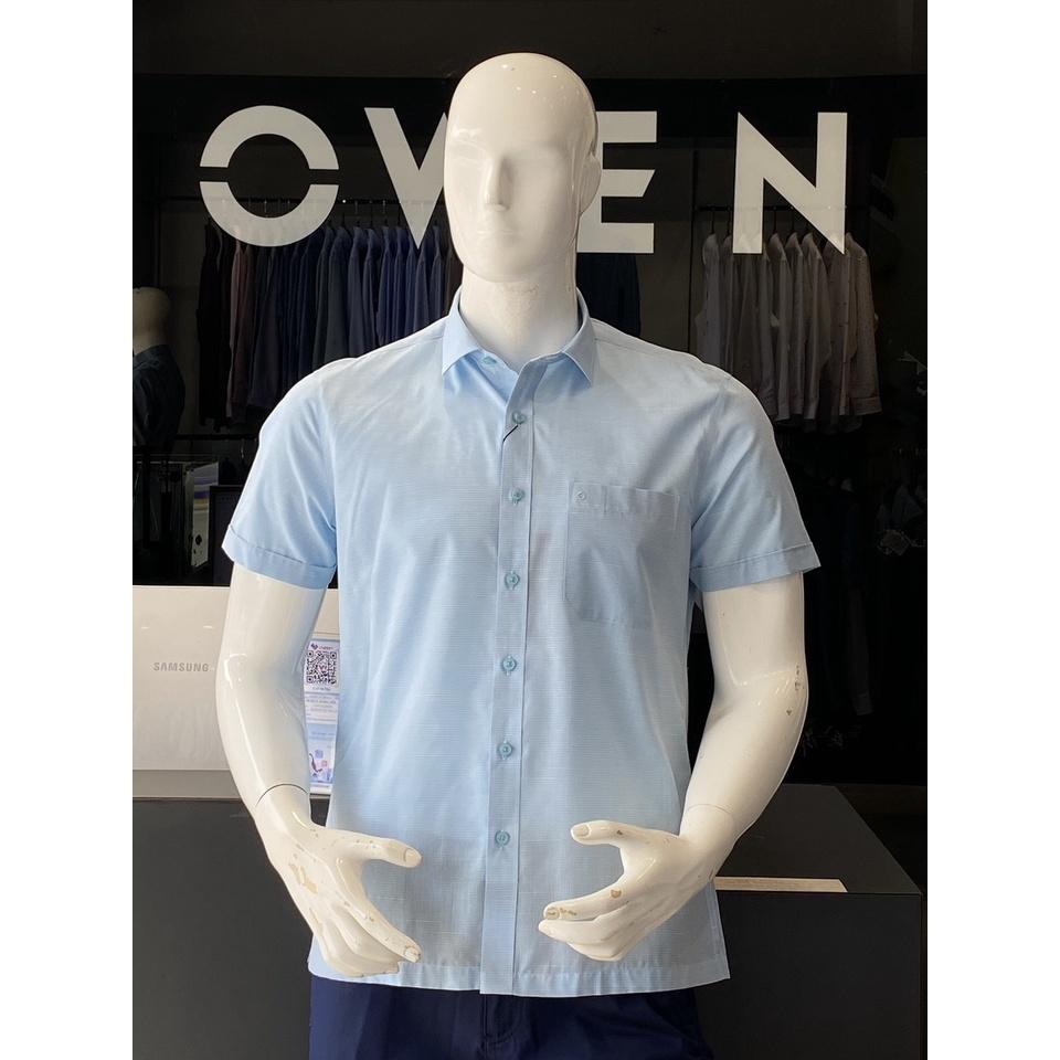 OWEN - Áo Sơ mi ngắn tay Owen vạt ngang chất sợi tre kẻ ca rô nhỏ màu xanh nhạt 230122