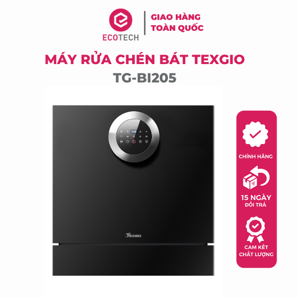 Máy rửa bát Texgio TG-BI205 - 8 bộ bát đĩa Châu Âu - Điều khiển cảm ứng - Độc lập có thể lắp âm với màu đen bóng sang trọng- Công nghệ tiêu chuẩn Châu Âu - Hàng chính hãng