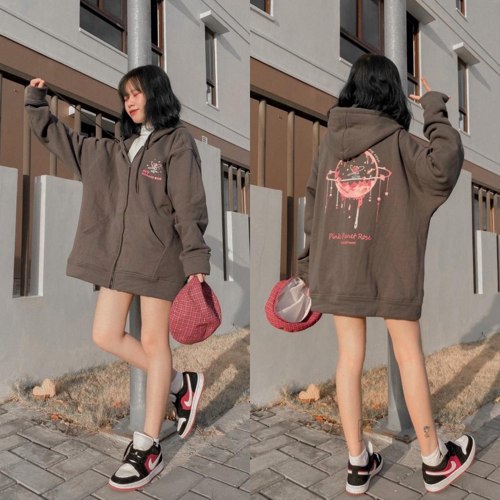 Áo Khoác Nỉ Bông PLANET ROSE Phối Dây Kéo Form Rộng Ulzzang