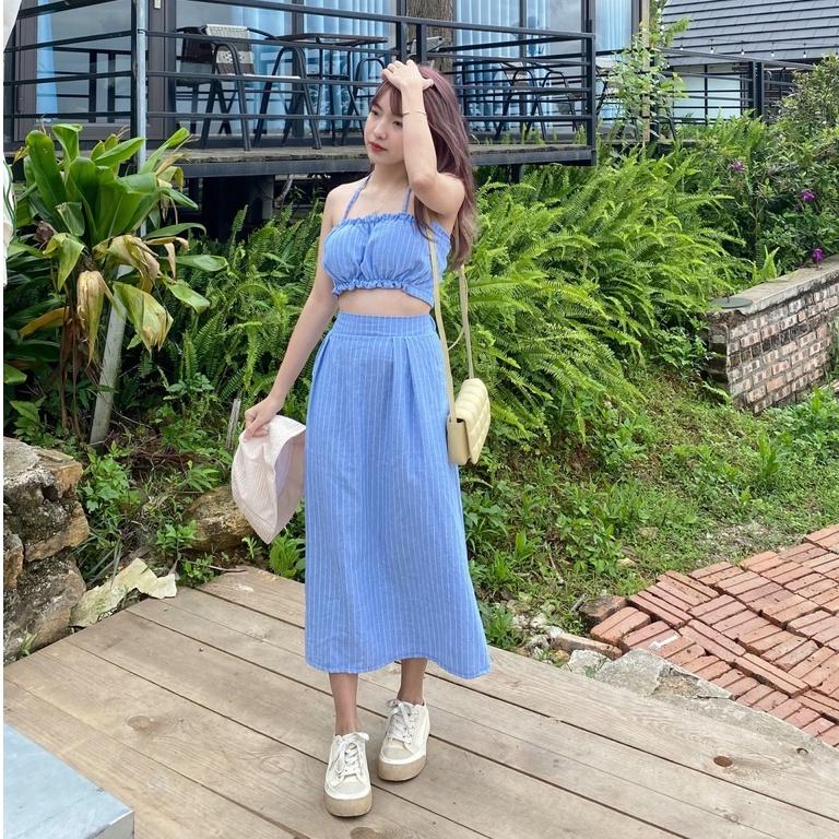 Set đi biển váy kèm chân váy chữ A đi biển, đi chơi cực xinh, áo cổ yếm kèm chân váy