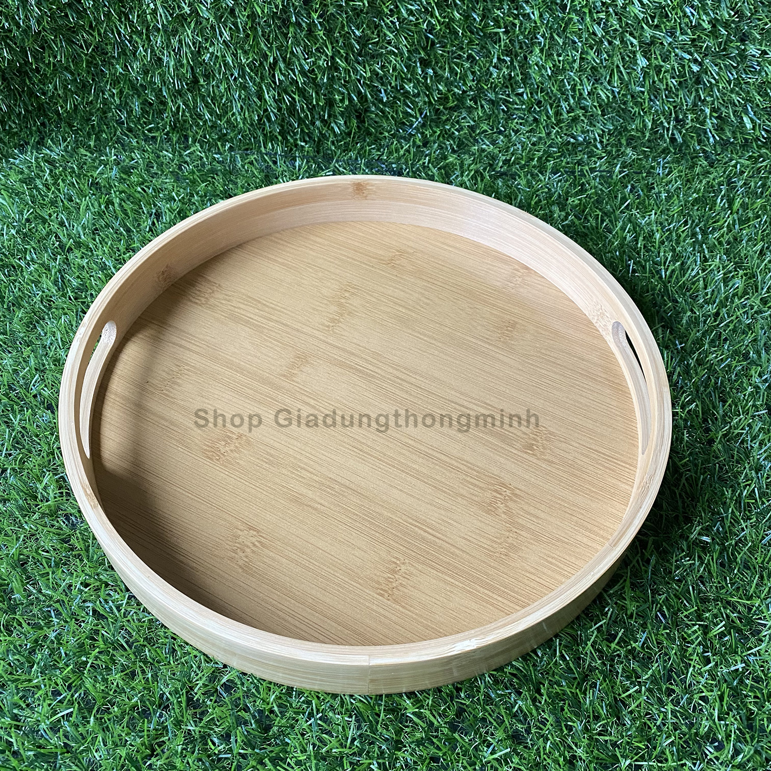Khay Trà tròn gỗ Tre tự nhiên, đường kính 30cm dày dặn; màu Vàng bóng đẹp chống mối mọt; Dùng để bộ Ấm Chén hoặc để Bánh Kẹo - Tặng 1 khăn lau đa năng