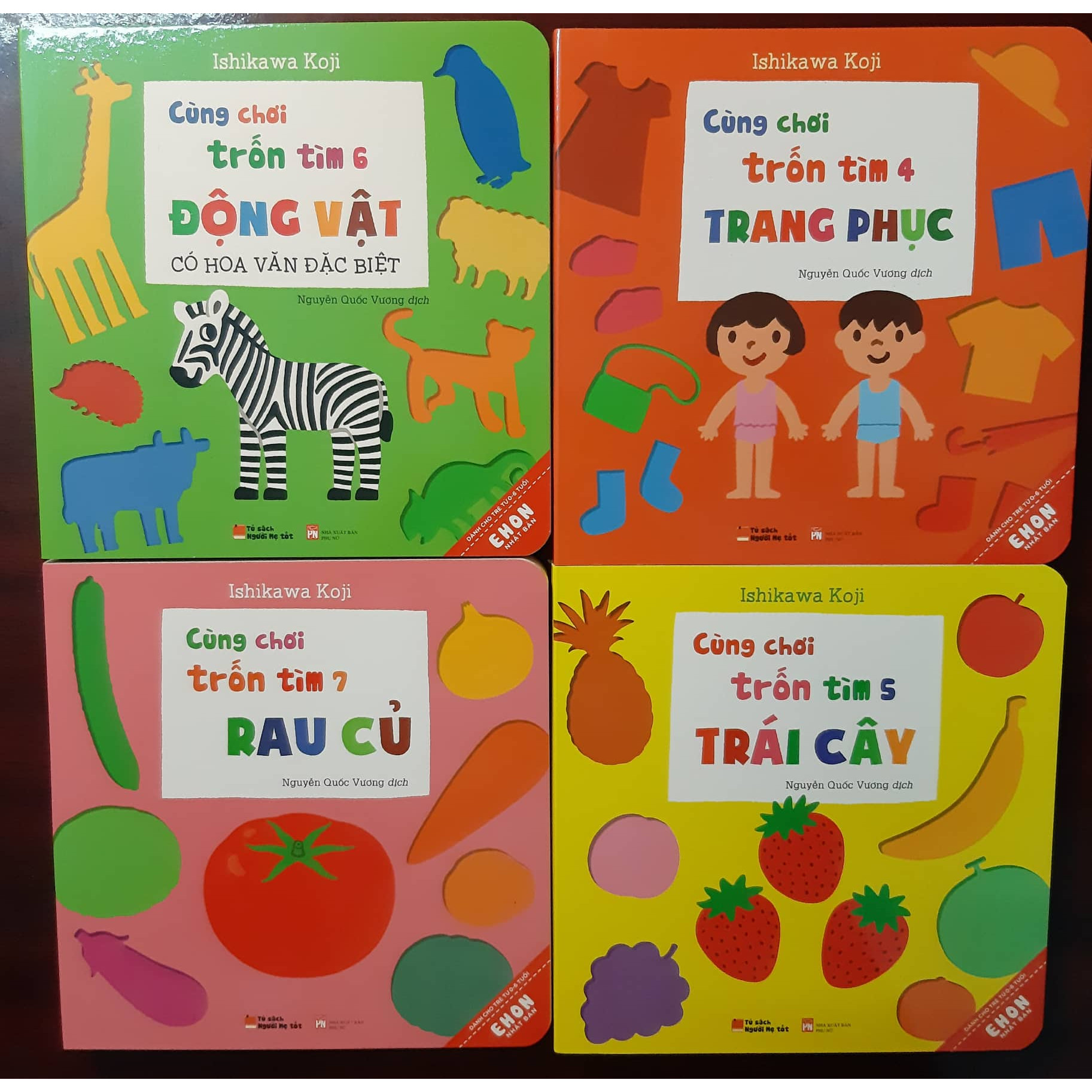 Combo 4 cuốn Ehon Nhật Bản Cùng chơi trốn tìm 4 Trang phục, Cùng chơi trốn tìm 5 Trái cây, Cùng chơi trốn tìm 6 Động vật, Cùng chơi trốn tìm 7 Rau củ