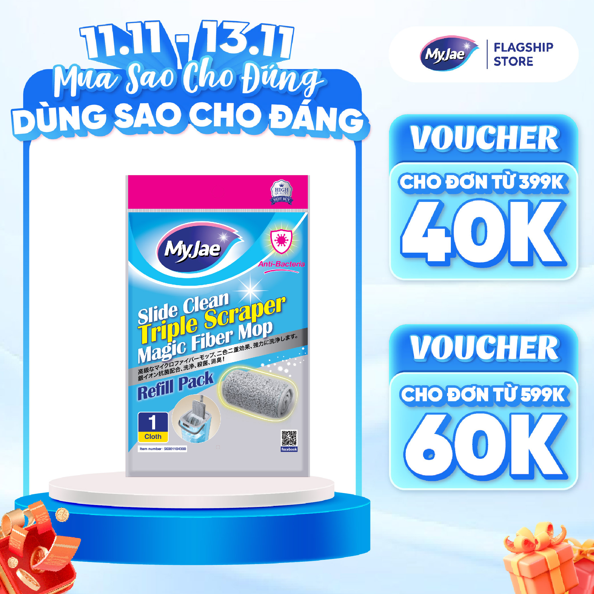 Bông Lau Thay Thế MyJae Đài Loan Sợi Microfiber Dành Cho Cây Lau Nhà 3 Lần Vắt 33cm x 12cm