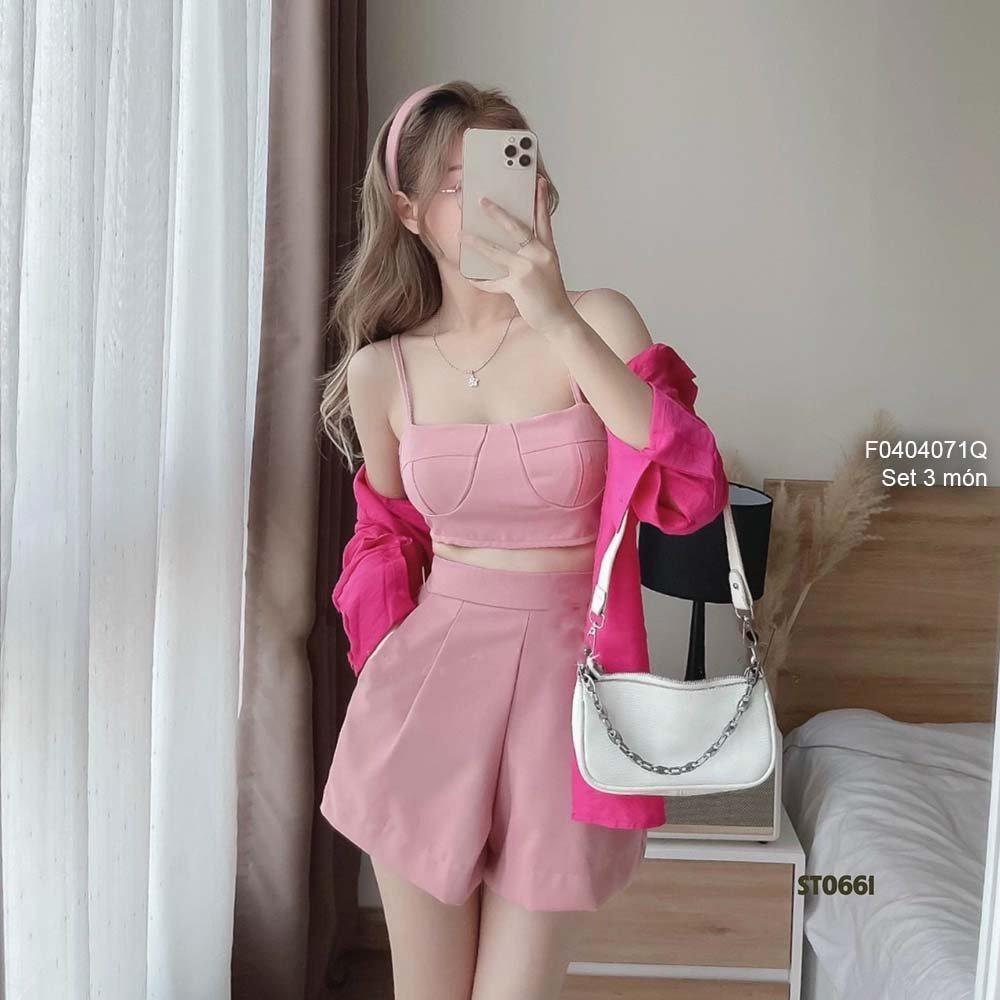 Set 3 món áo khoác sơ mi tay dài áo croptop 2 dây phối quần short!