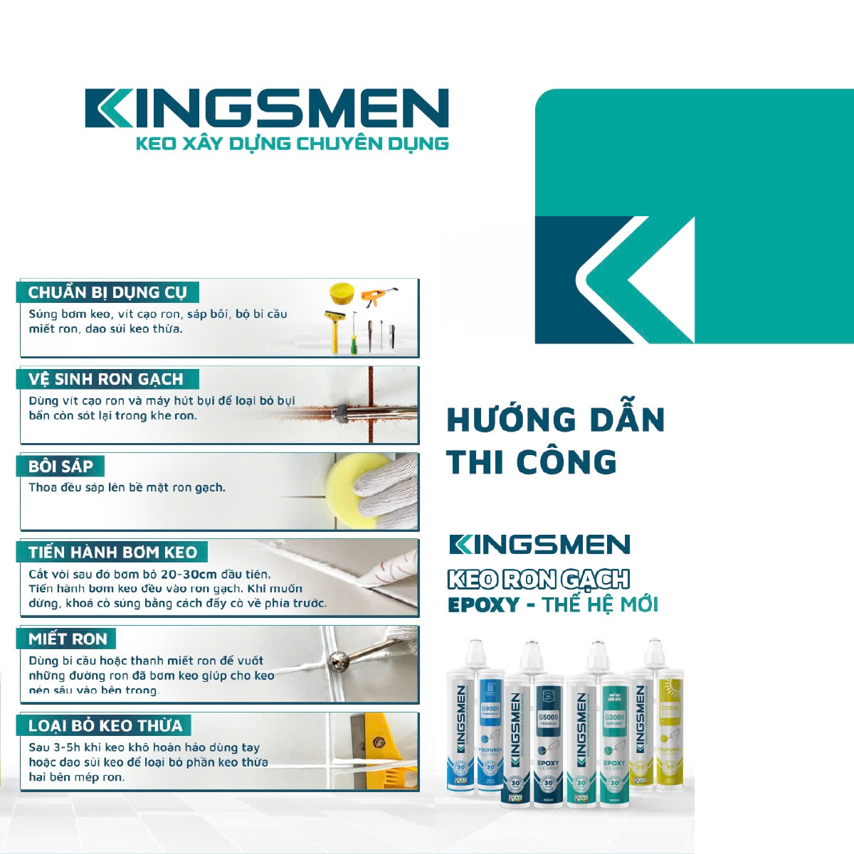 Keo Ron Gạch Epoxy G5000 - Dành cho nhà tắm, bếp  - Thế Hệ Mới Kingsmen. RON GẠCH TRẮNG SẠCH 30 NĂM - Keo Ron gạch 2 thành phần