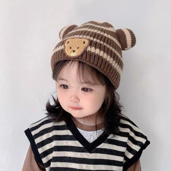 Mũ Nón Len Hình Gấu Cute Phối Kẻ Phong Cách Hàn Quốc Trùm Đầu giữ Ấm Cho Bé