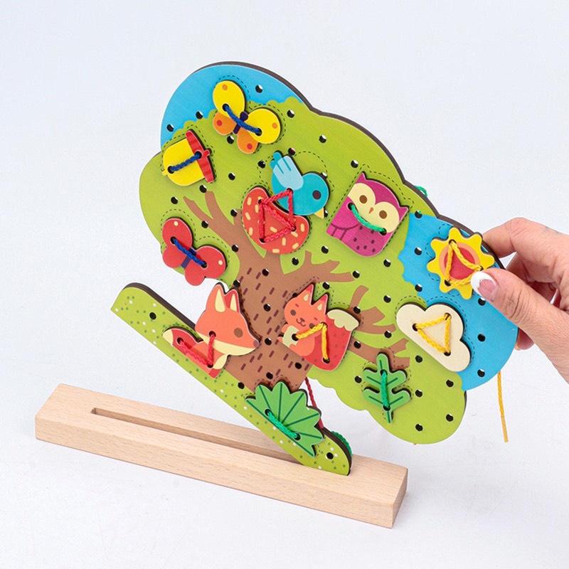 Đồ chơi Montessori Puzzle hạt gỗ luồn cây-dụng cụ dạy học toán tương tác trẻ em