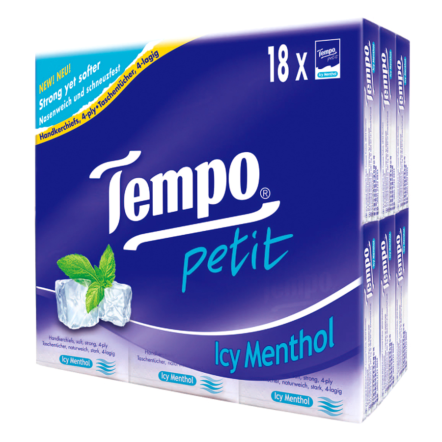 Lốc 18 Gói Khăn Giấy Bỏ Túi Tempo Petit Icy Menthol 4 Lớp (7 Tờ/1 Gói)