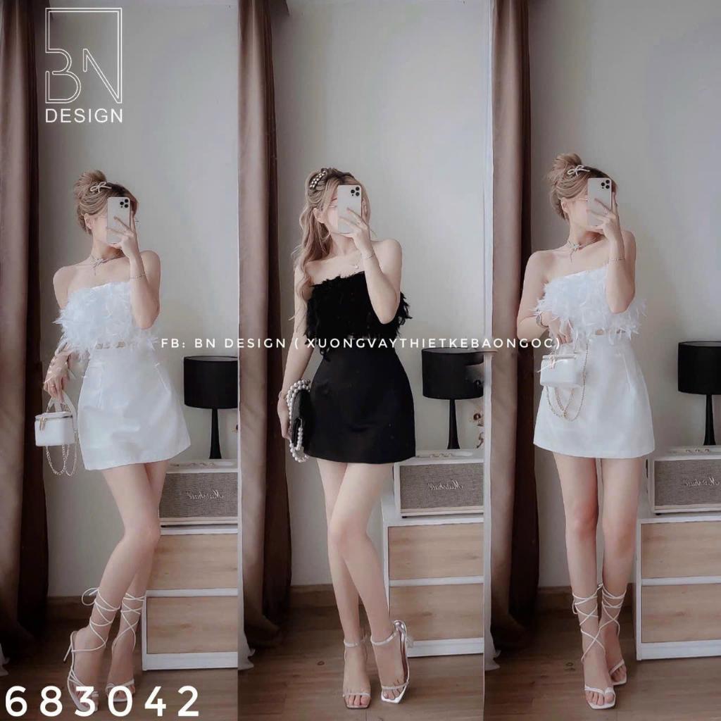 Sét đồ nữ áo lông vũ cúp ngực phối chân váy mini dáng ngắn sành điệu