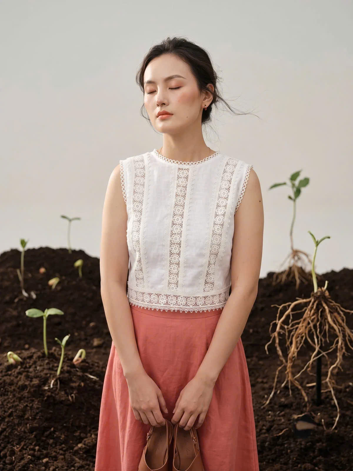 Áo Croptop Linen Trắng Phối Ren Cotton Minh Duyên Top255 Thời trang Hity
