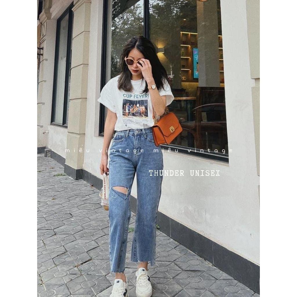 Quần Jean Nữ Ống Đứng Lưng Cao Gấu Rách Cá Tính Quần Ống Đứng Rộng ThunderUnisex Phong Cách Hàn Quốc Ulzzang