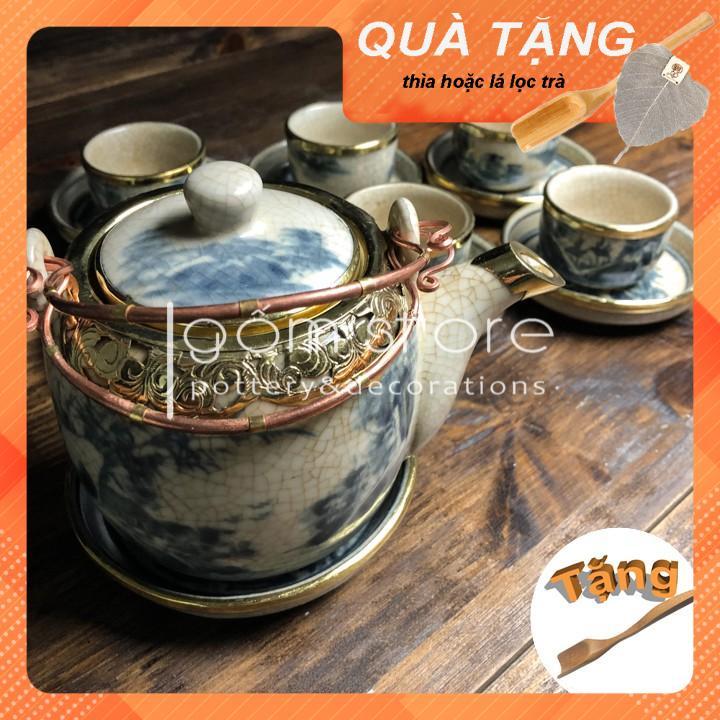 Ấm chén Bát Tràng men rạn giả cổ dáng vại bọc đồng, tặng kèm muỗng gỗ pha trà