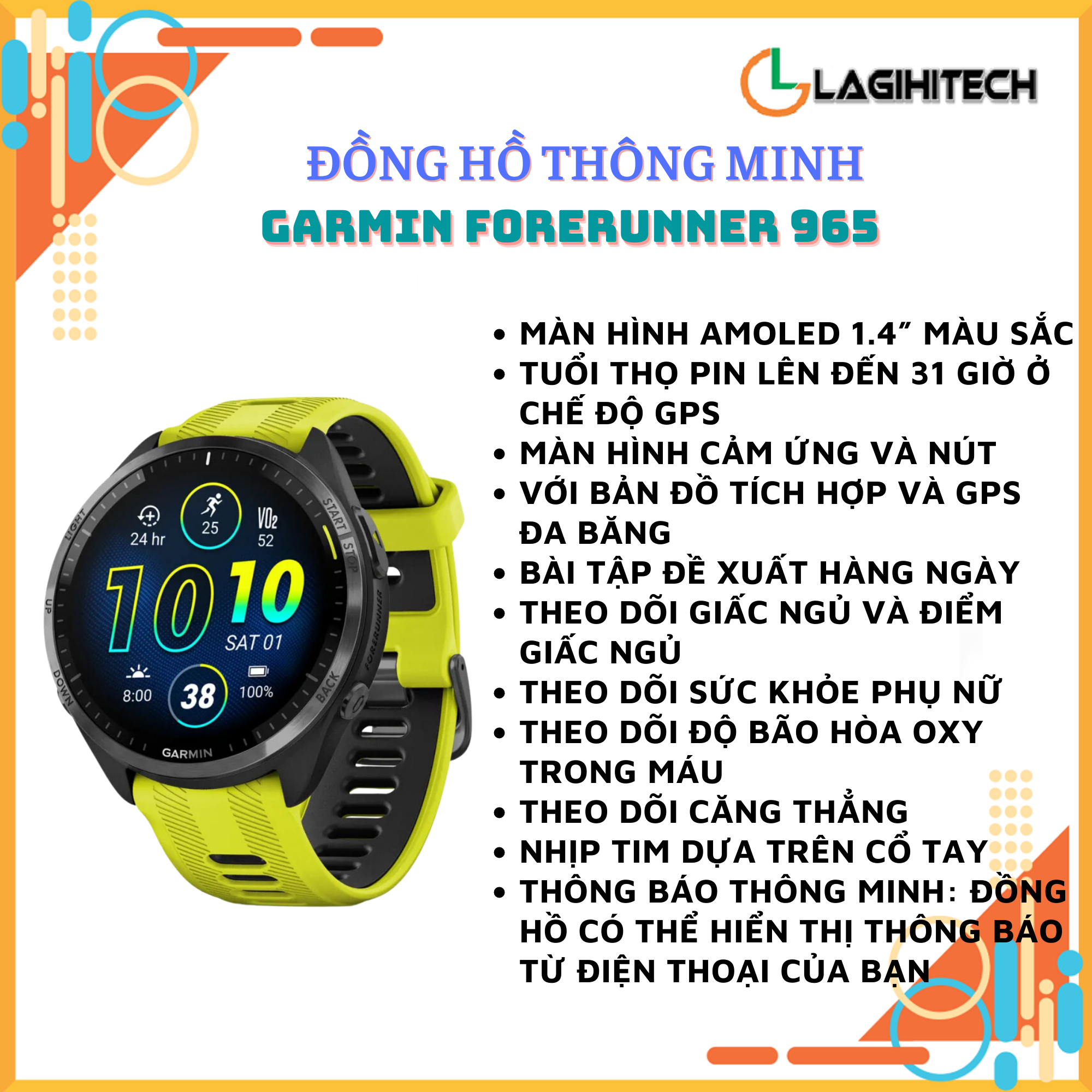 Đồng Hồ Thông Minh Garmin Forerunner 965 Kiểu dáng thể thao, viền titanium cao cấp - Hàng Chính Hãng FPT