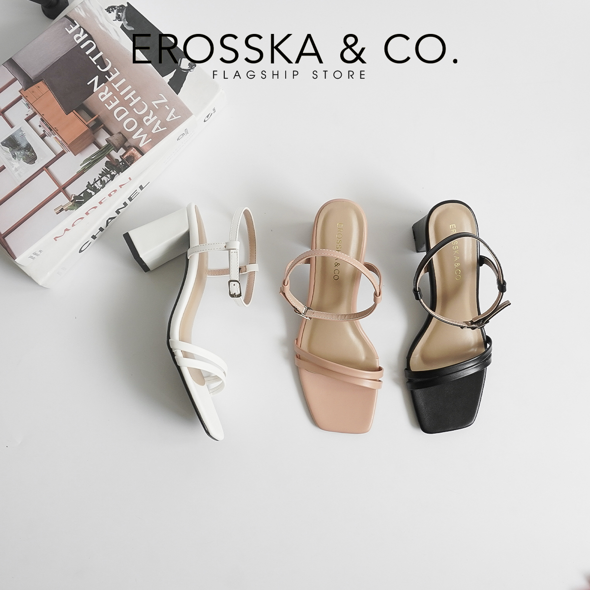 Erosska - Sandal cao gót mũi hở đế vuông phối dây quai mảnh cao 7cm - EB063