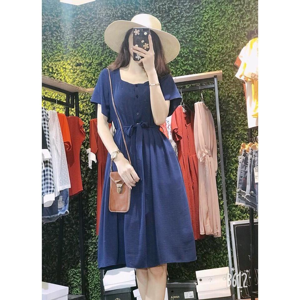Đầm xòe cộc tay khuy trước đũi lụa nhật thời trang