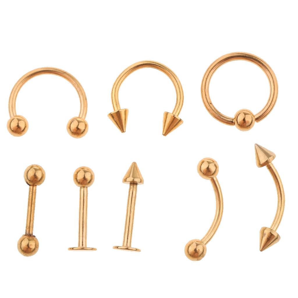 8 Pieces Nose Lip Tongue Eyebrow Tragus Piercing Body Jewelry 16g Gold