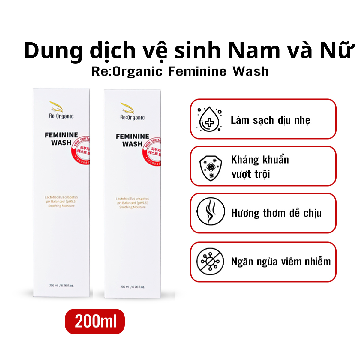Vệ sinh nam Re:Organic Feminine Wash 200ml Hàn Quốc, gel làm sạch, khử mùi hôi, cân bằng pH, dung dịch vệ sinh phụ khoa dùng cho cả Nam và Nữ - Combo 2 hộp