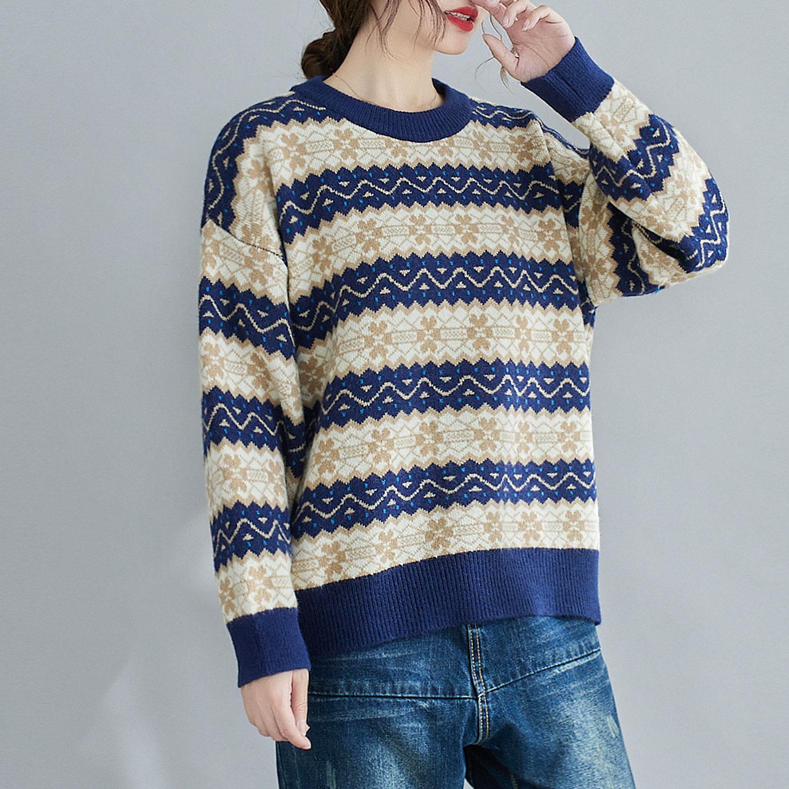 Women Warm Sweater Knitted Stripe O Neck Long Sleeve Drop Shoulder Pullover Sweatshirt Casual Loose Winter Blouse