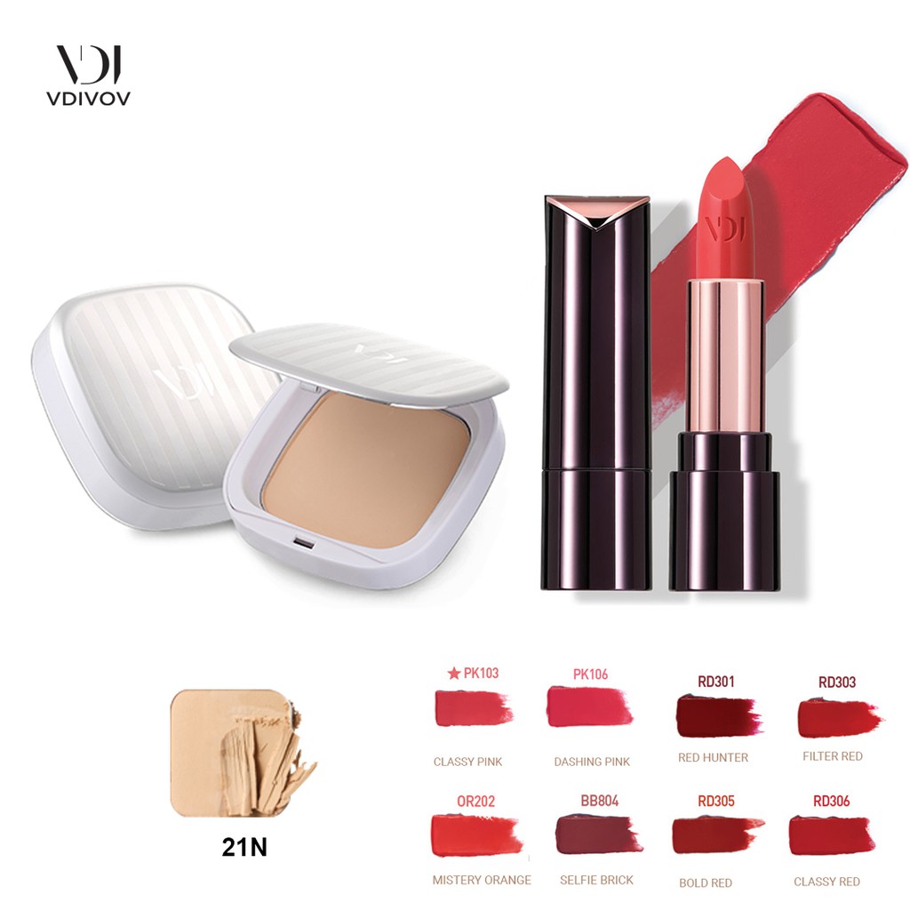 Bộ trang điểm VDIVOV son môi Lip Cut Rouge RD301 RED HUNTER 3.8g và phấn phủ mịn mượt Silk Wear Powder Pact 21N Sand Ivory SPF30 PA++ 13g