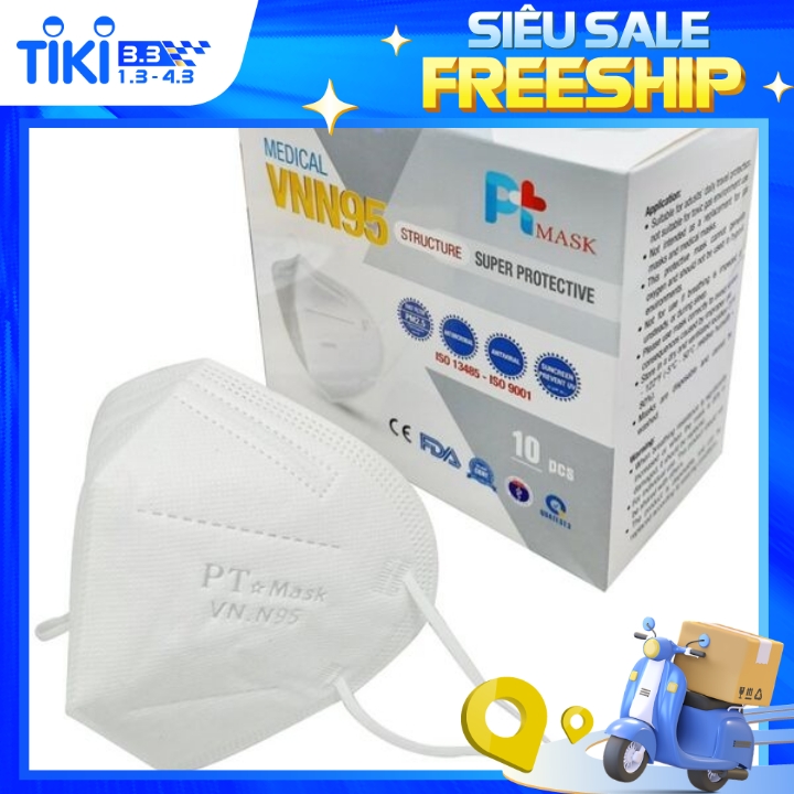 Hộp 10 Cái Khẩu Trang VNN95 PT Mask, 5 Lớp, kháng Khuẩn, Chống Bụi Siêu Mịn PM2.5, Màu Trắng - Đạt Các Chứng Chỉ ISO 13485, ISO 9001, CE, FDA, TGA.