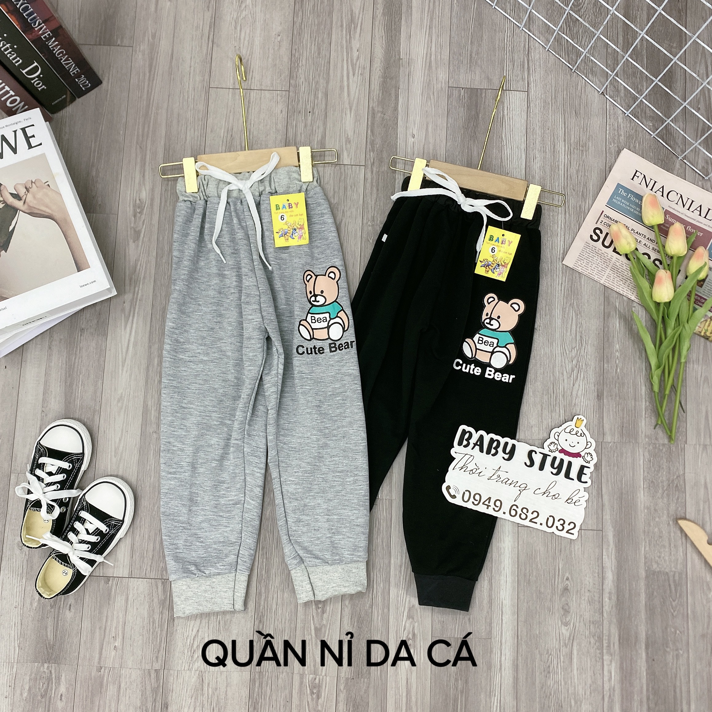 Quần jogger nỉ da cá cho bé trai bé gái &quot;CUTE BEAR&quot; 14-45kg. Kèm hình thật, chất vải dày dặn. B40